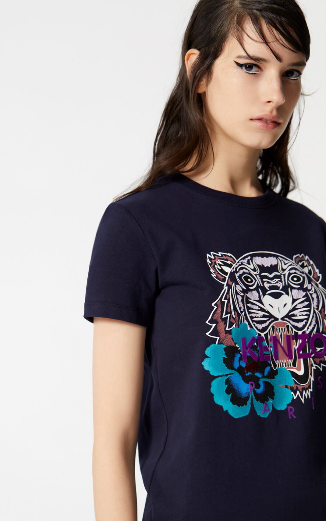 Kenzo Indonesian Flower Tiger Camisetas Mujer Azules Oscuro | 6132854-QY